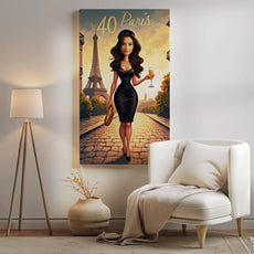 Paris-themed canvas print featuring woman portrait with Eiffela Tower for birthday decor