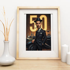 Framed caricature print as a gift for a man’s 50th birthday celebration