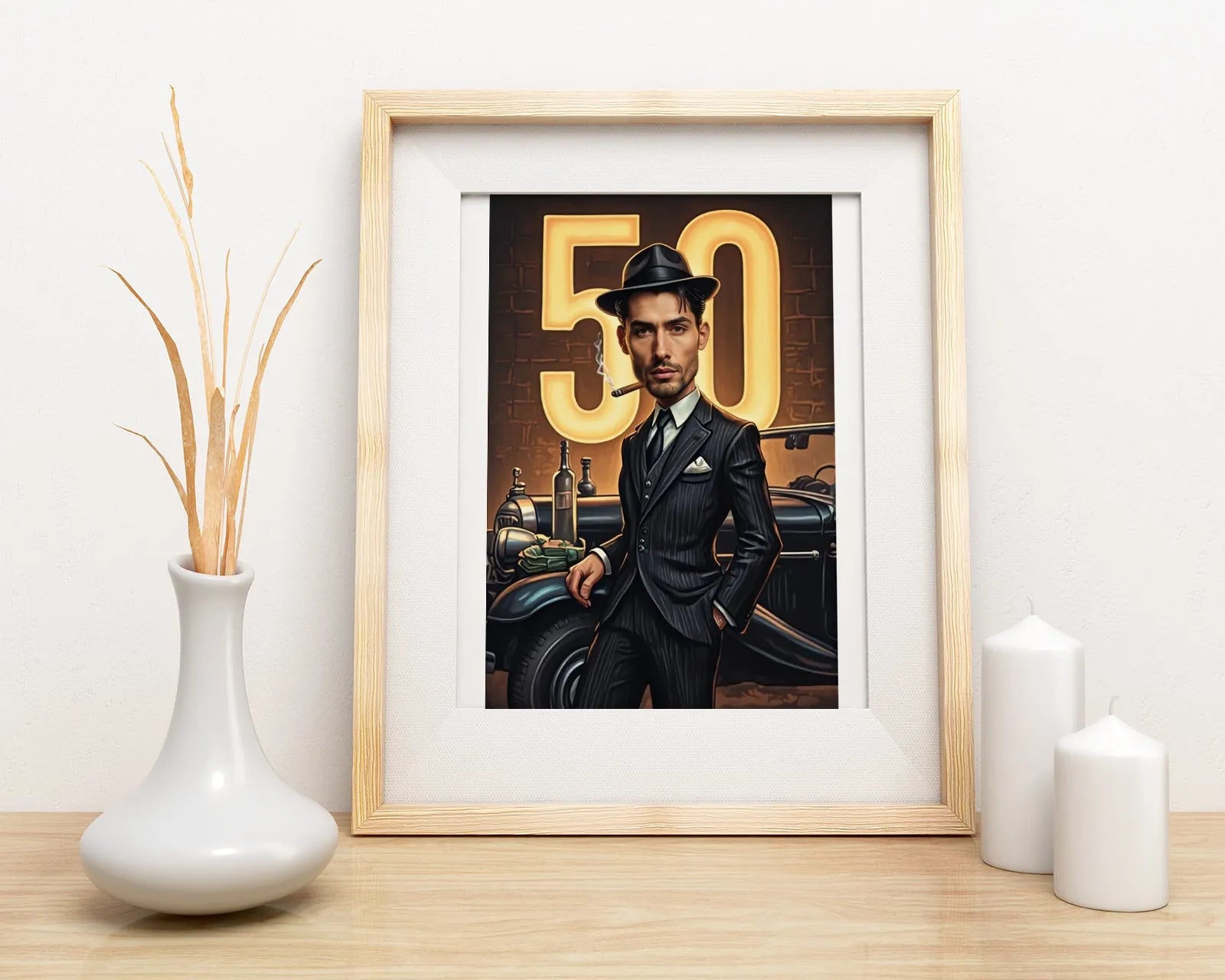 Framed caricature print as a gift for a man’s 50th birthday celebration