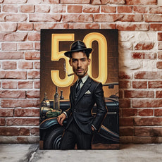 Gangster-themed birthday canvas for mens 50th birthday gift with gangster caricature