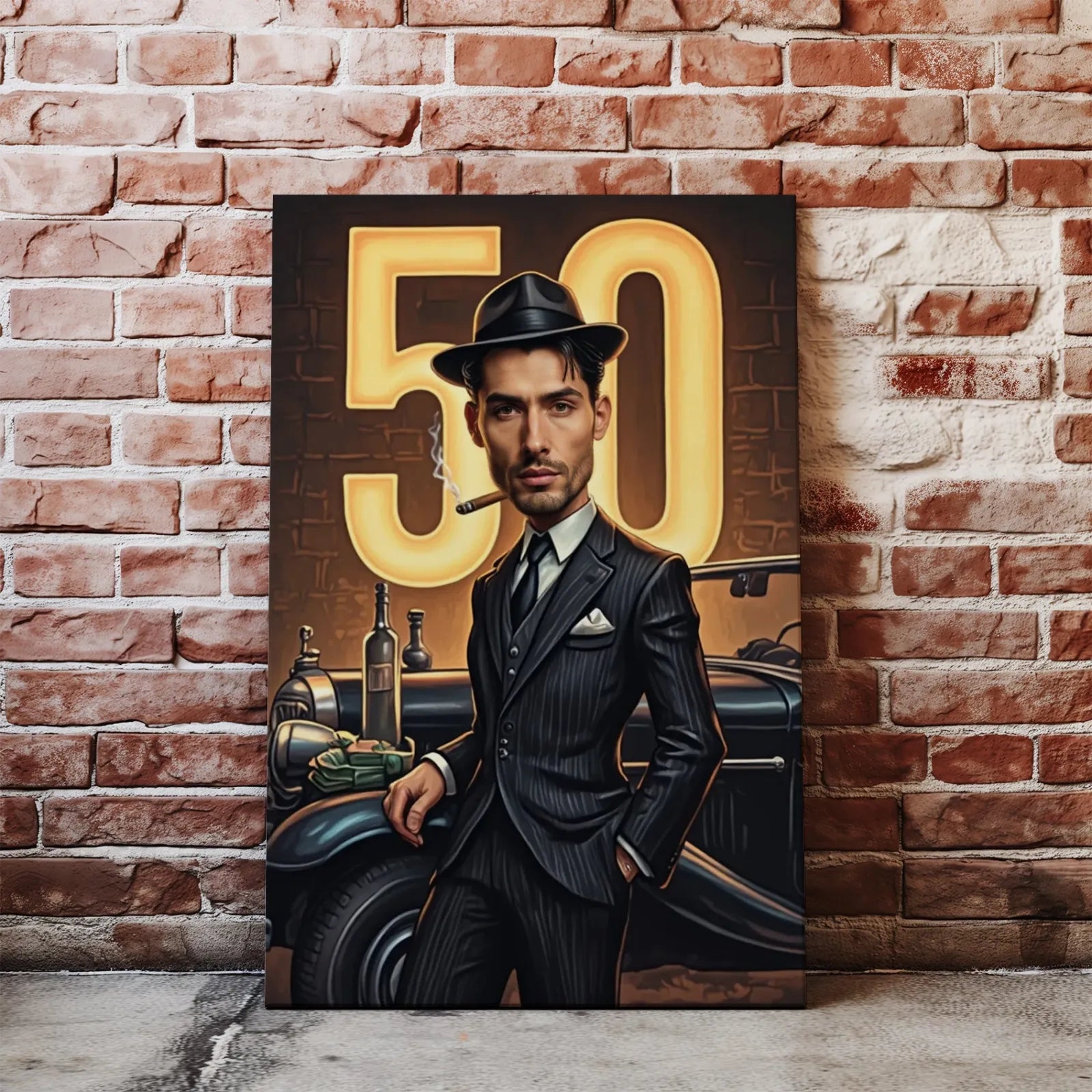 Gangster-themed birthday canvas for mens 50th birthday gift with gangster caricature