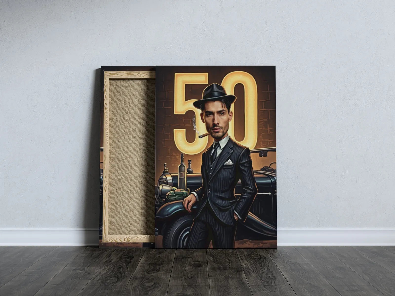 Canvas print przedstawiający mężczyznę w garniturze z cygarem na prezent na 50 urodziny