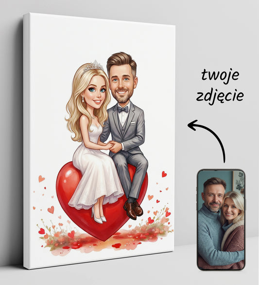 Karykatura pary na sercu – prezent dla pary młodej