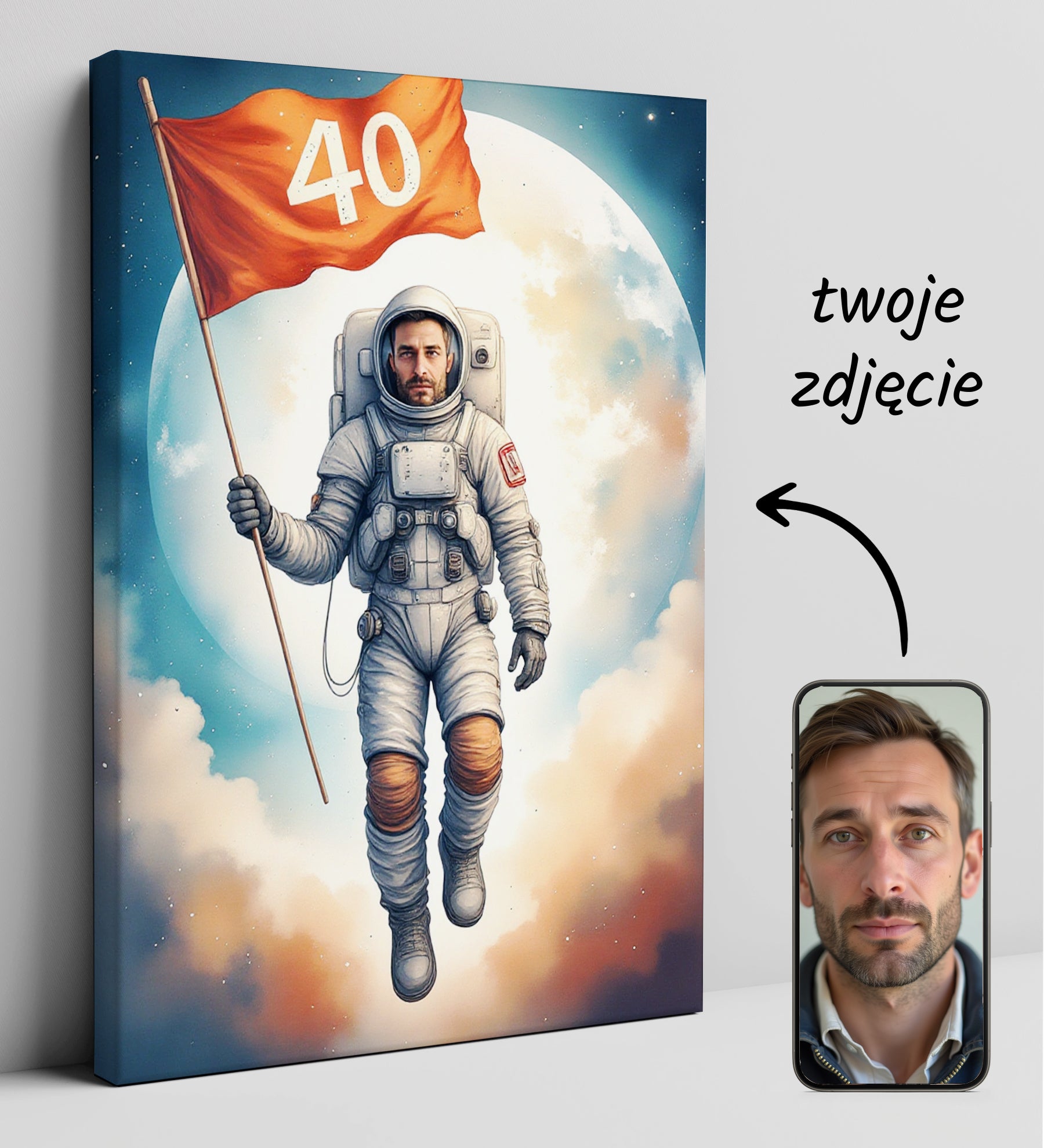 Astronauta z Flagą – Kosmiczny Portret z Wiekową Cyfrą