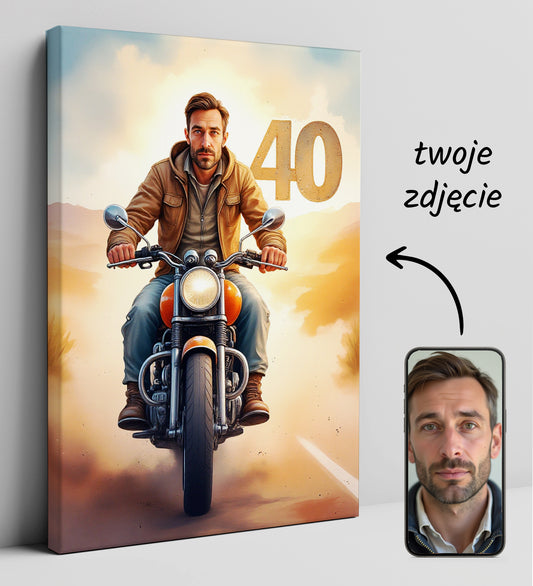 Motocyklista na Trasie – Portret Męski z Liczbą 40