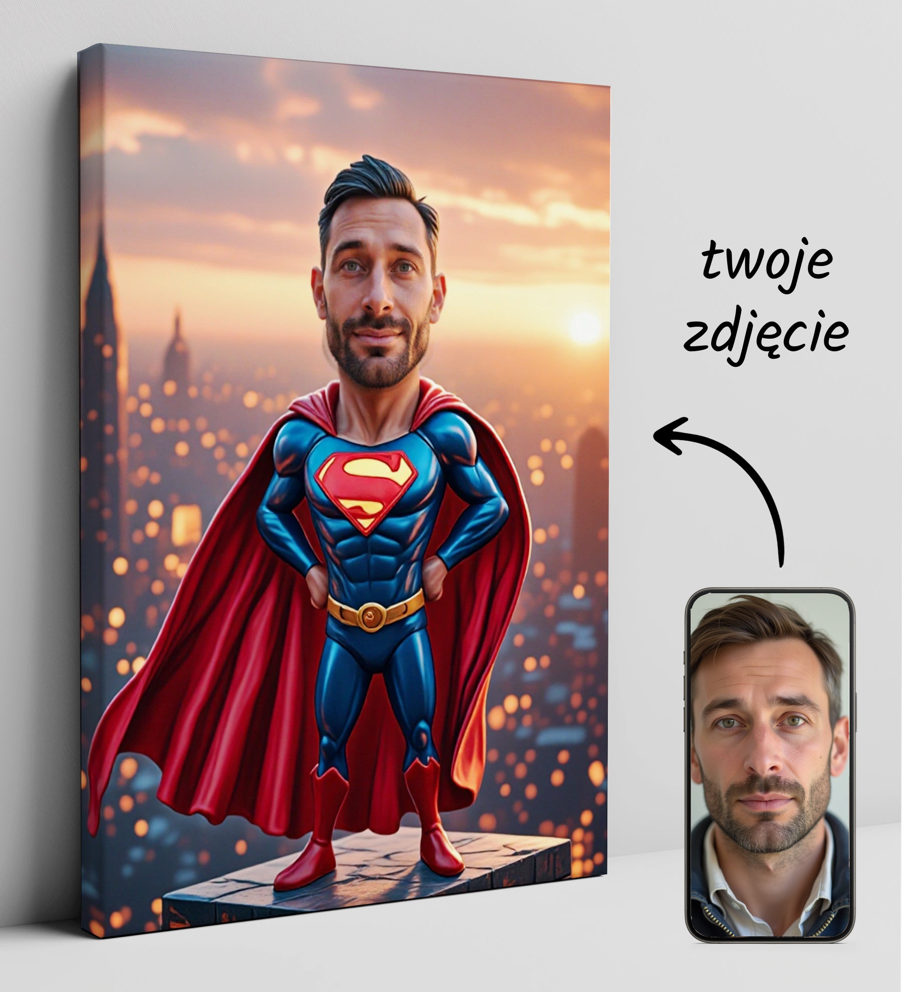 Karykatura superbohatera ze zdjęcia