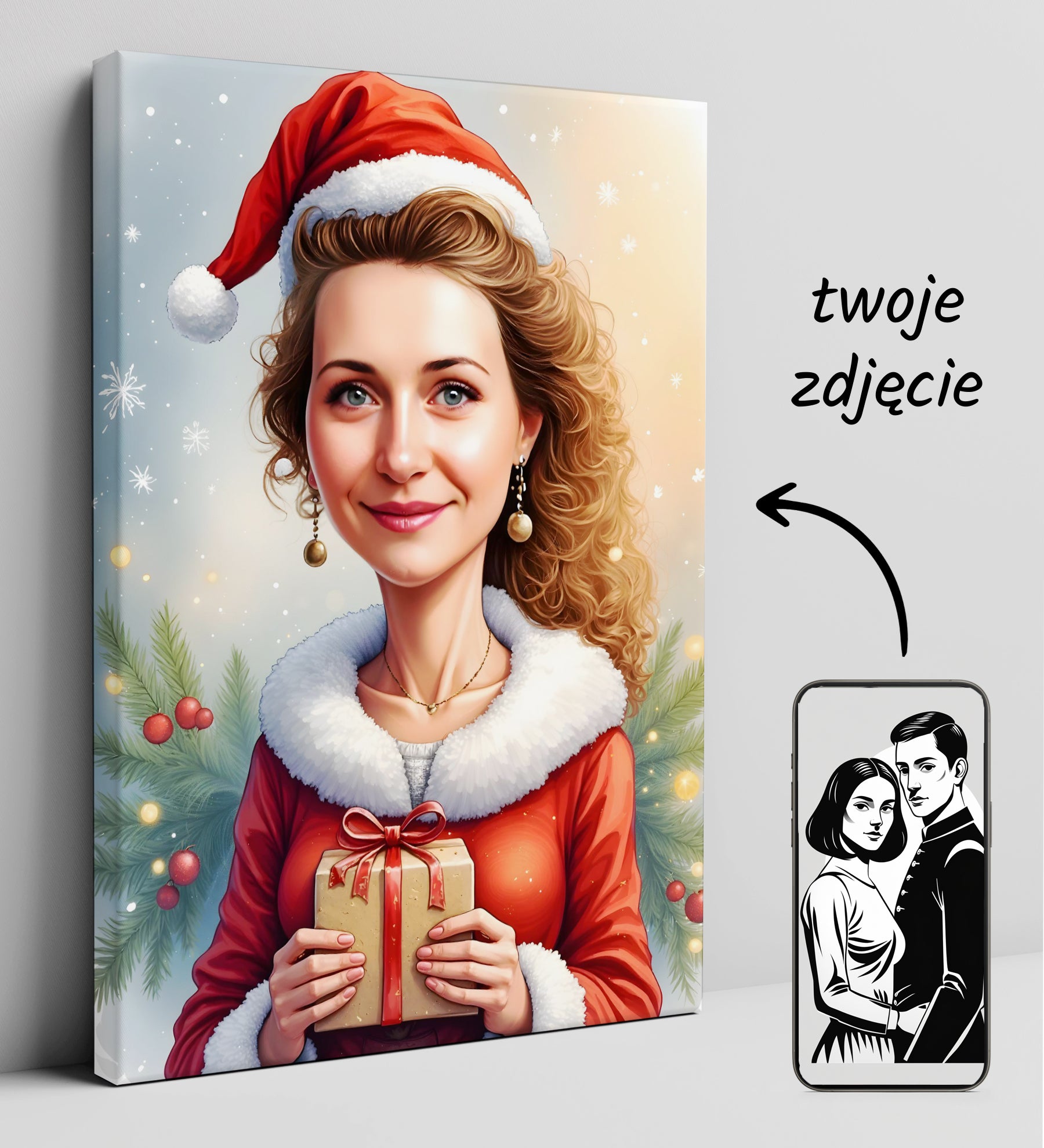 Portret kobiety z prezentem w stroju Mikołajki