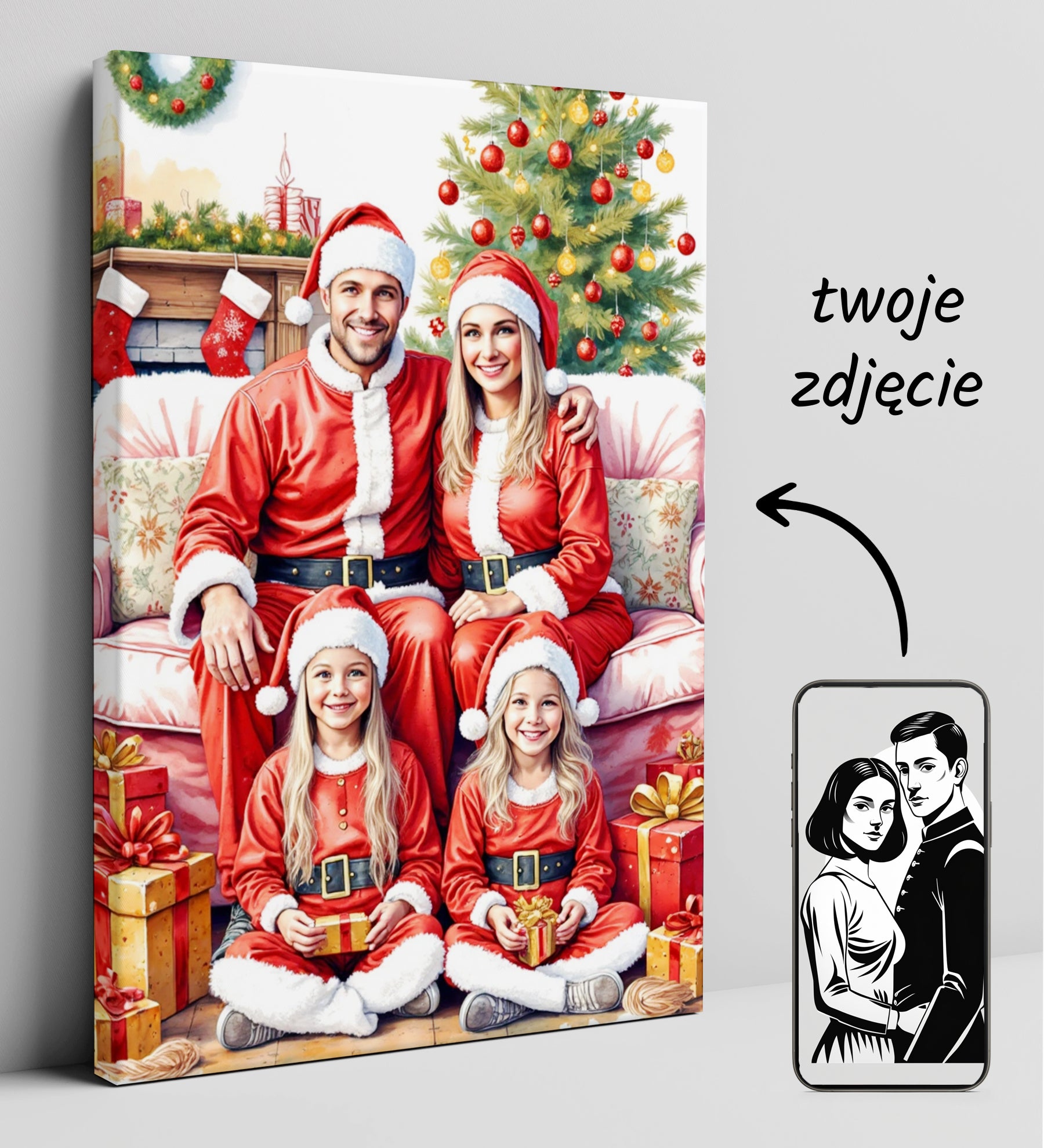 Portret rodzinny na święta – personalizowany obraz w stylu Mikołajkowym
