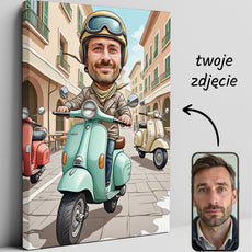 Portret karykatura ze zdjęcia – Włoski styl na skuterze