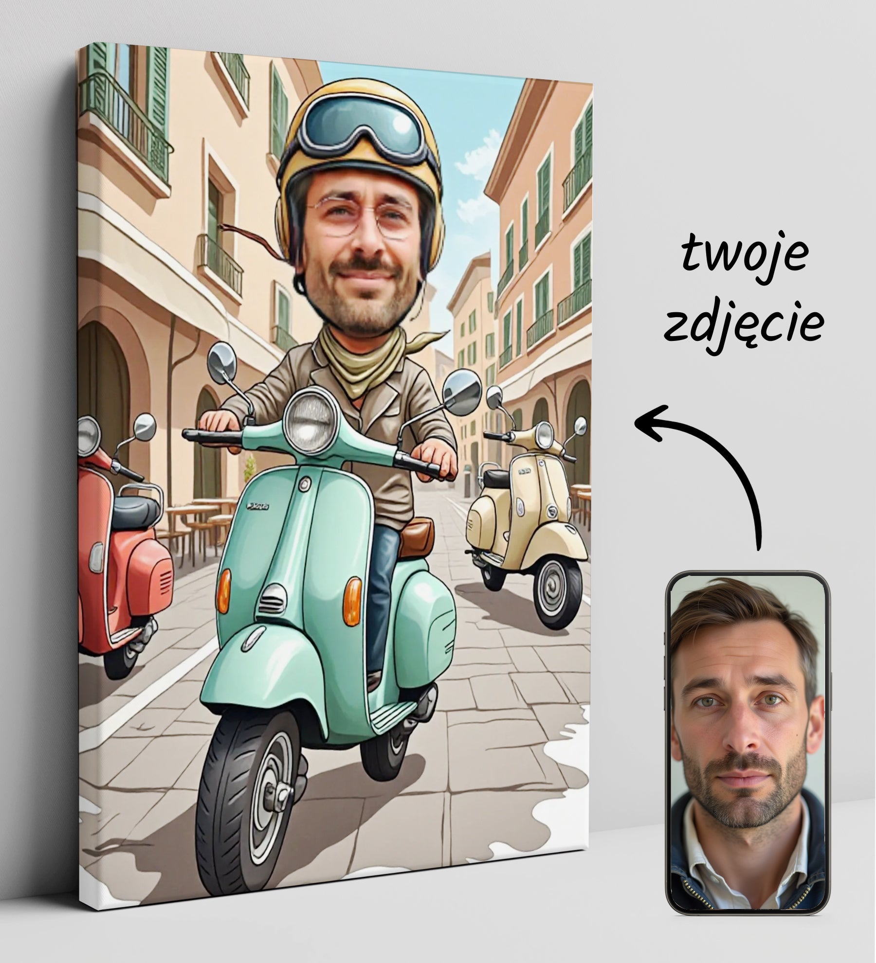 Portret karykatura ze zdjęcia – Włoski styl na skuterze