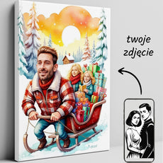 Portret rodzinny na zamówienie – zimowa ilustracja z saniami i prezentami