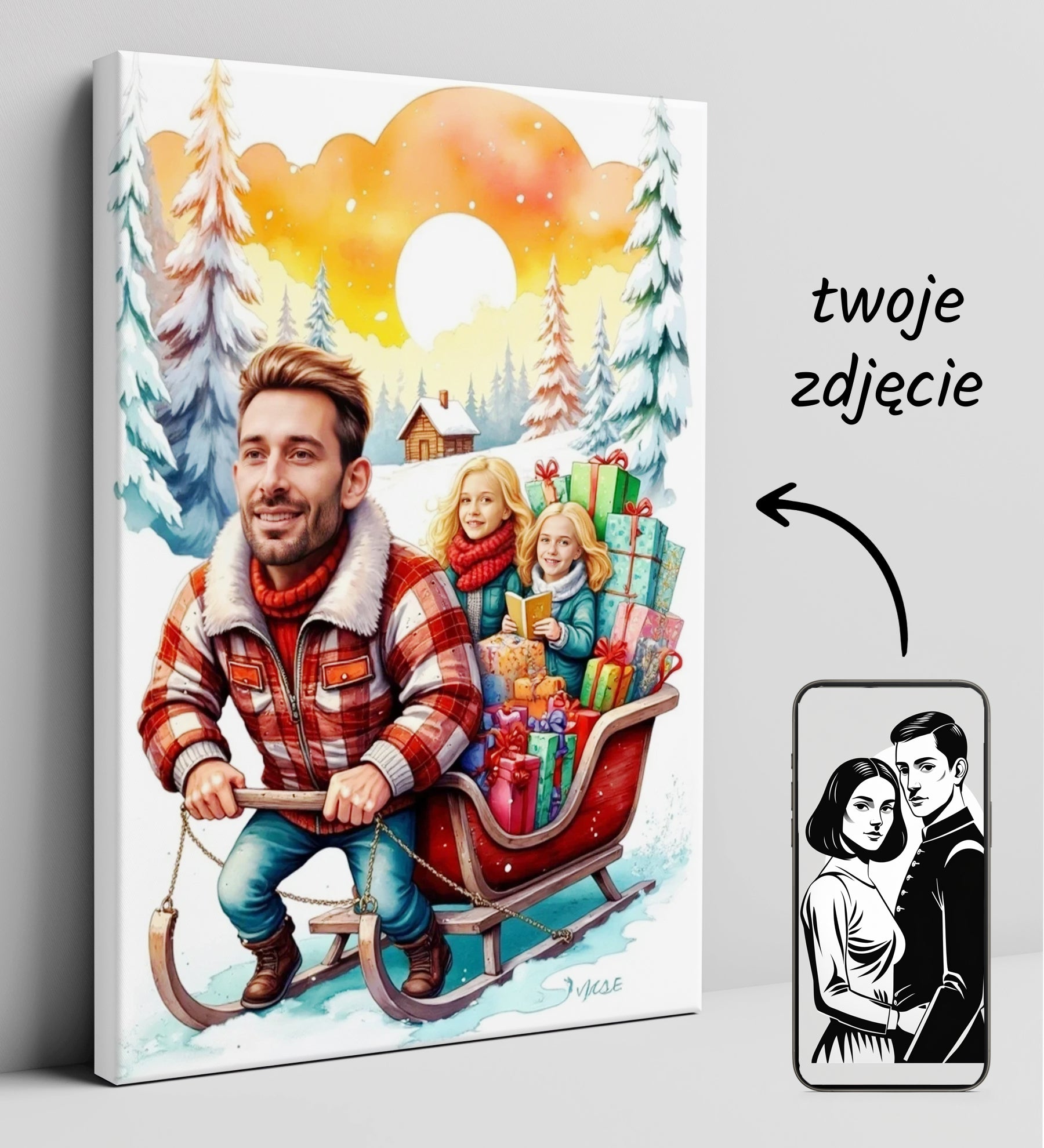 Portret rodzinny na zamówienie – zimowa ilustracja z saniami i prezentami