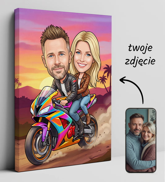 Karykatura pary na motocyklu – oryginalny prezent dla zakochanych