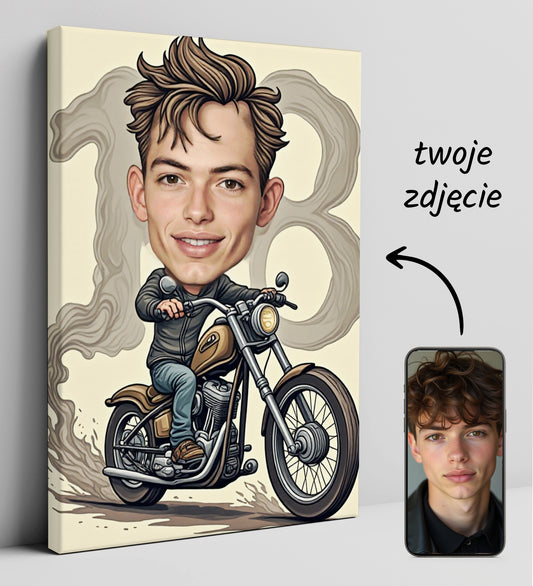 Wyjątkowy prezent na 18 urodziny – karykatura motocyklisty