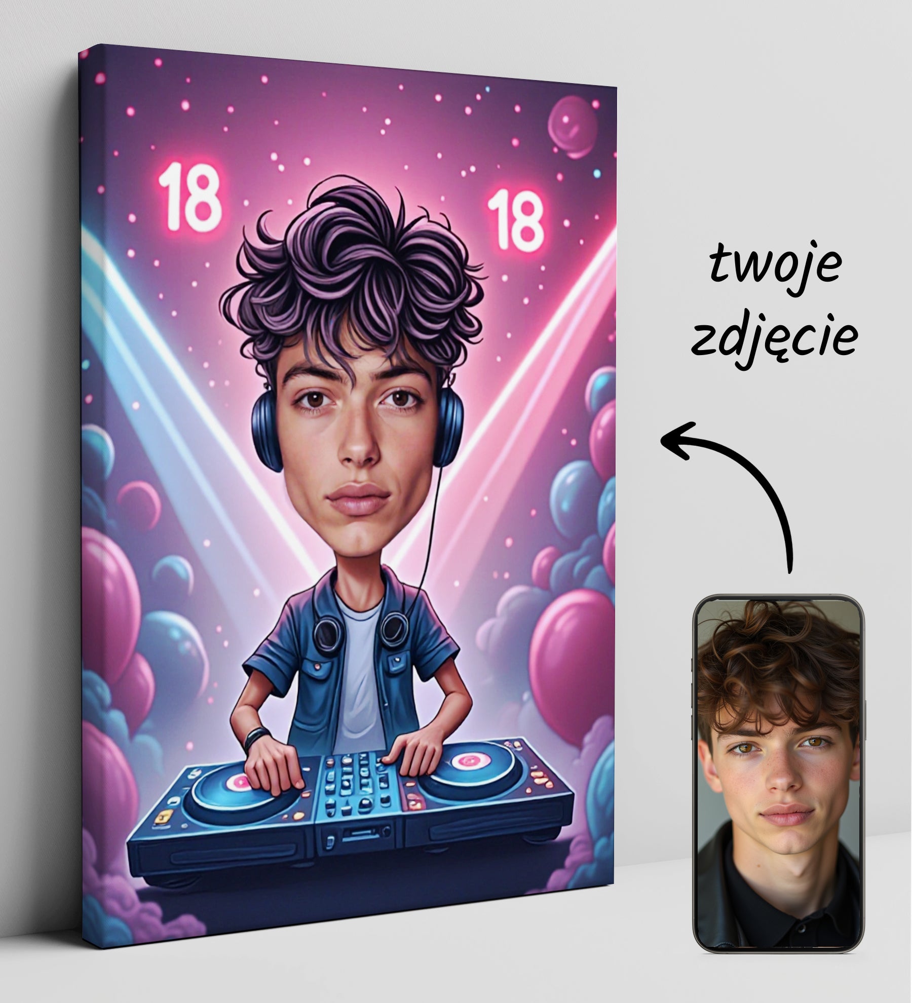 Pomysły na 18 urodziny – karykatura DJ-a z konsolą