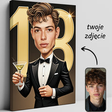 Elegancki prezent na 18 urodziny – karykatura w garniturze