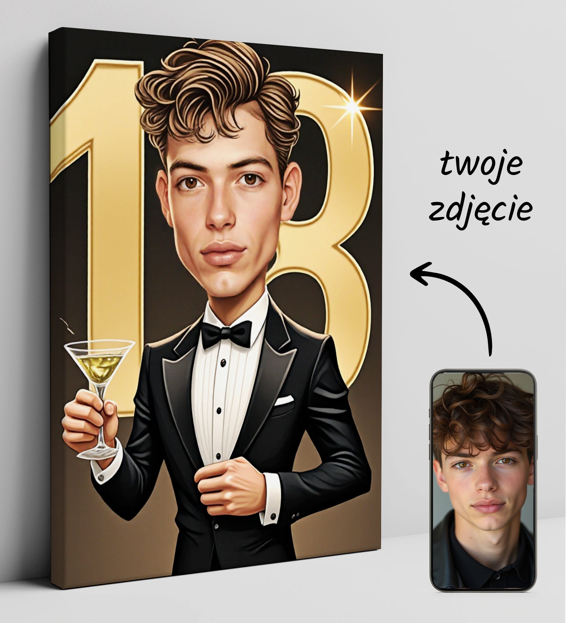 Elegancki prezent na 18 urodziny – karykatura w garniturze