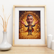 Framed caricature art for 60th birthday jubilee featuring jubilant man in treasure chest