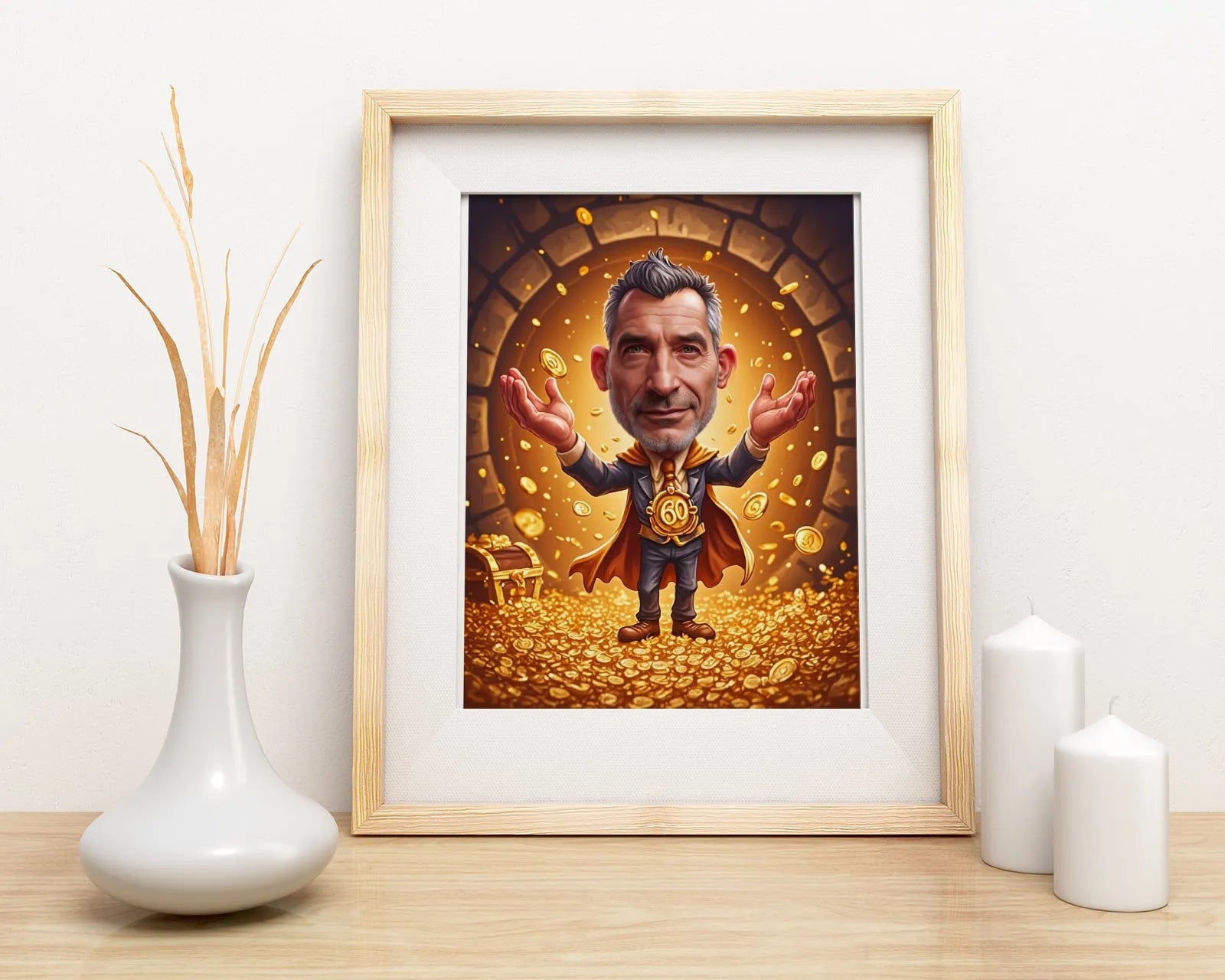 Framed caricature art for 60th birthday jubilee featuring jubilant man in treasure chest