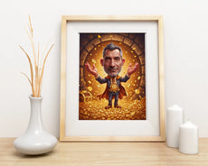 Framed caricature art for 60th birthday jubilee featuring jubilant man in treasure chest