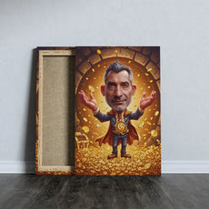 Canvas print of a cartoonish man with gold coins for 60th birthday gift