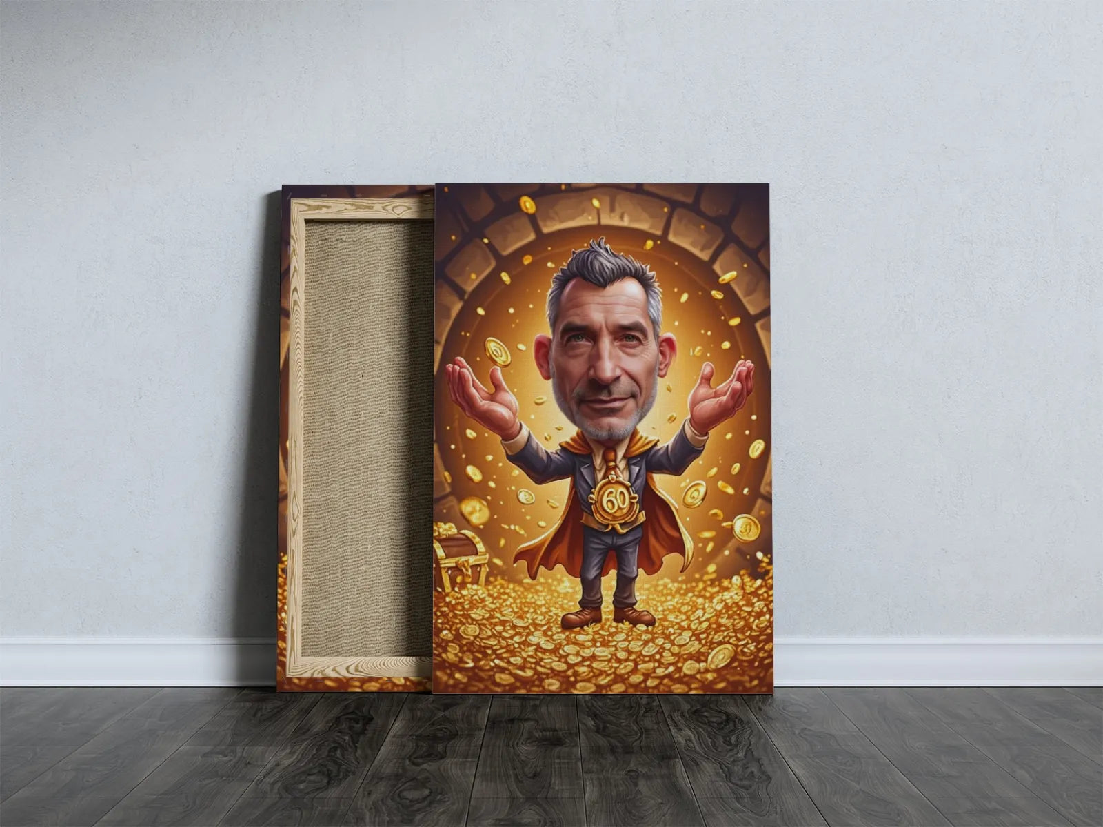 Canvas print of a cartoonish man with gold coins for 60th birthday gift