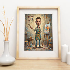 Framed caricature of an artist for a painter’s birthday gift in Polish art style