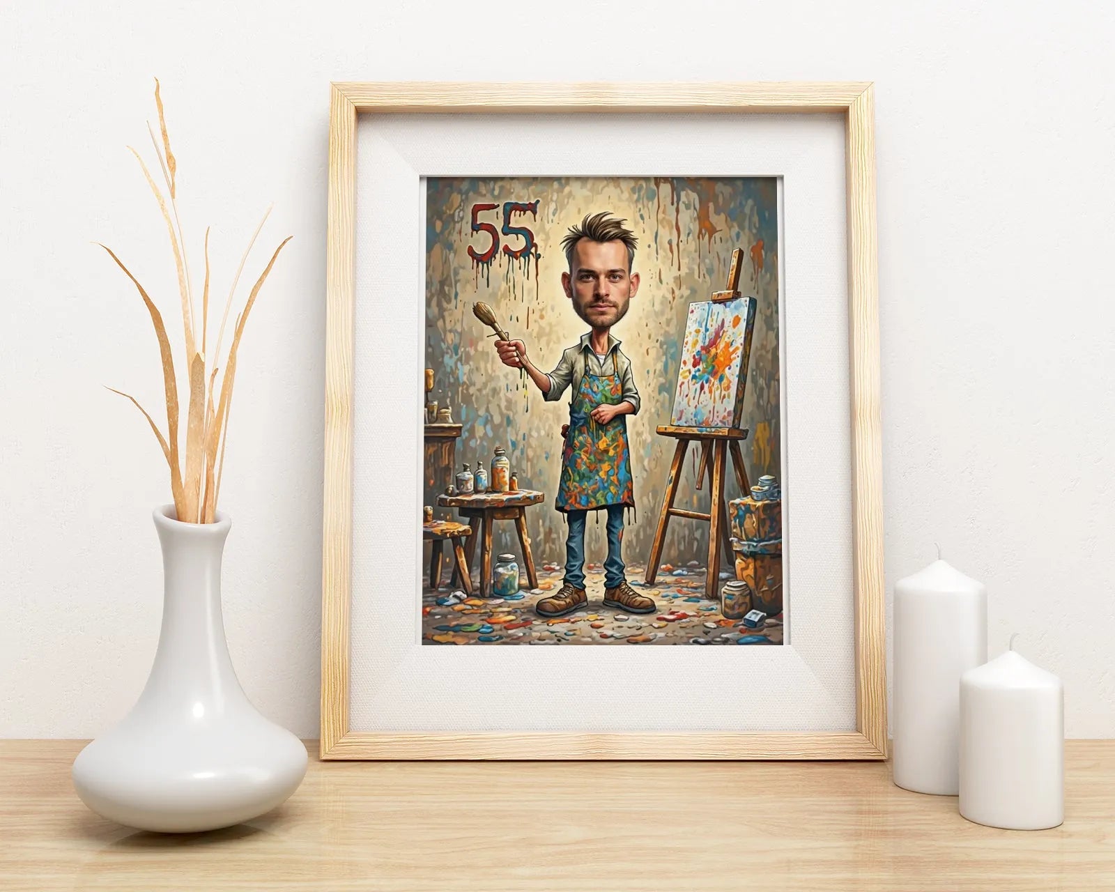 Framed caricature of an artist for a painter’s birthday gift in Polish art style