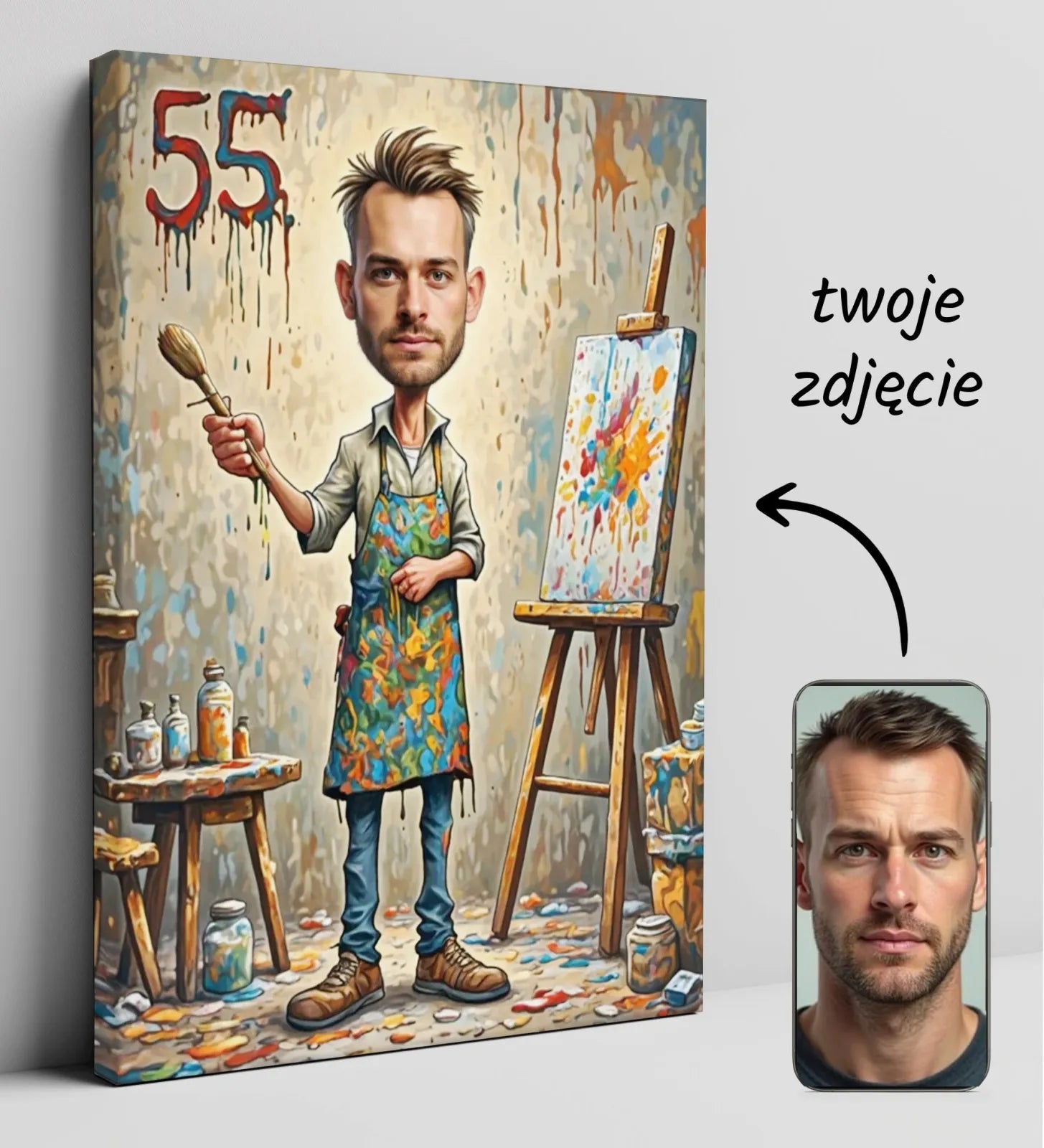 Personalizowany obraz na płótnie z karykaturą artysty na urodziny
