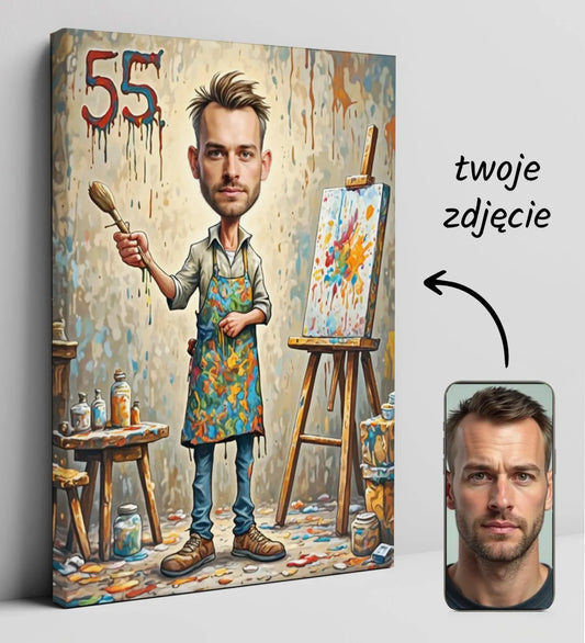 Personalizowany obraz na płótnie z karykaturą artysty na urodziny