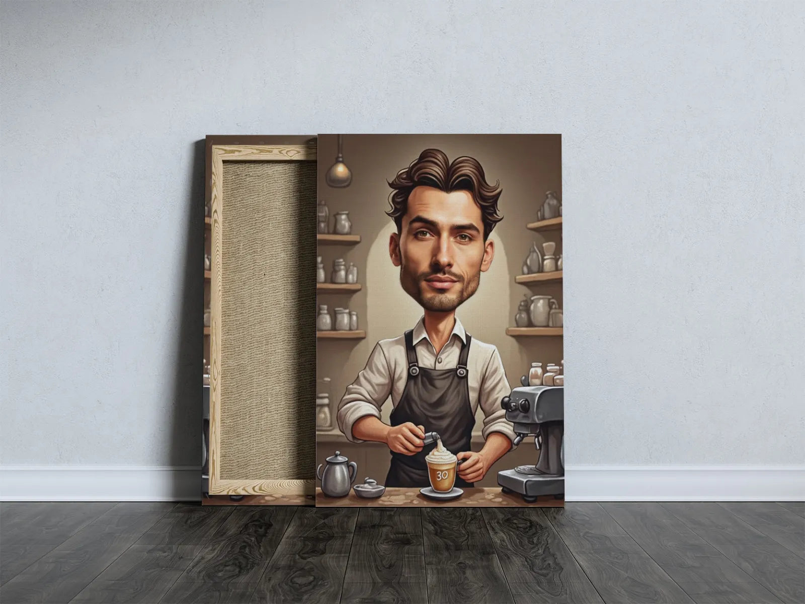 Canvas print z karykaturą baristy jako oryginalny prezent na urodziny