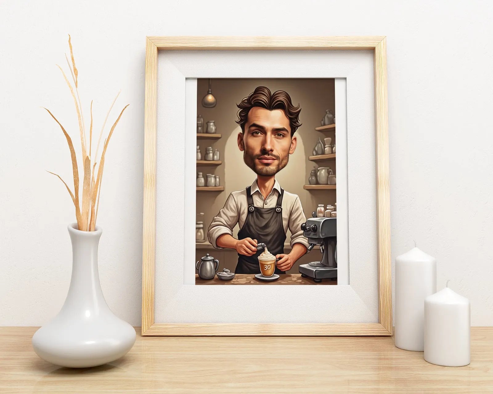 Framed barista caricature - oryginalny prezent na urodziny Karykatura baristy
