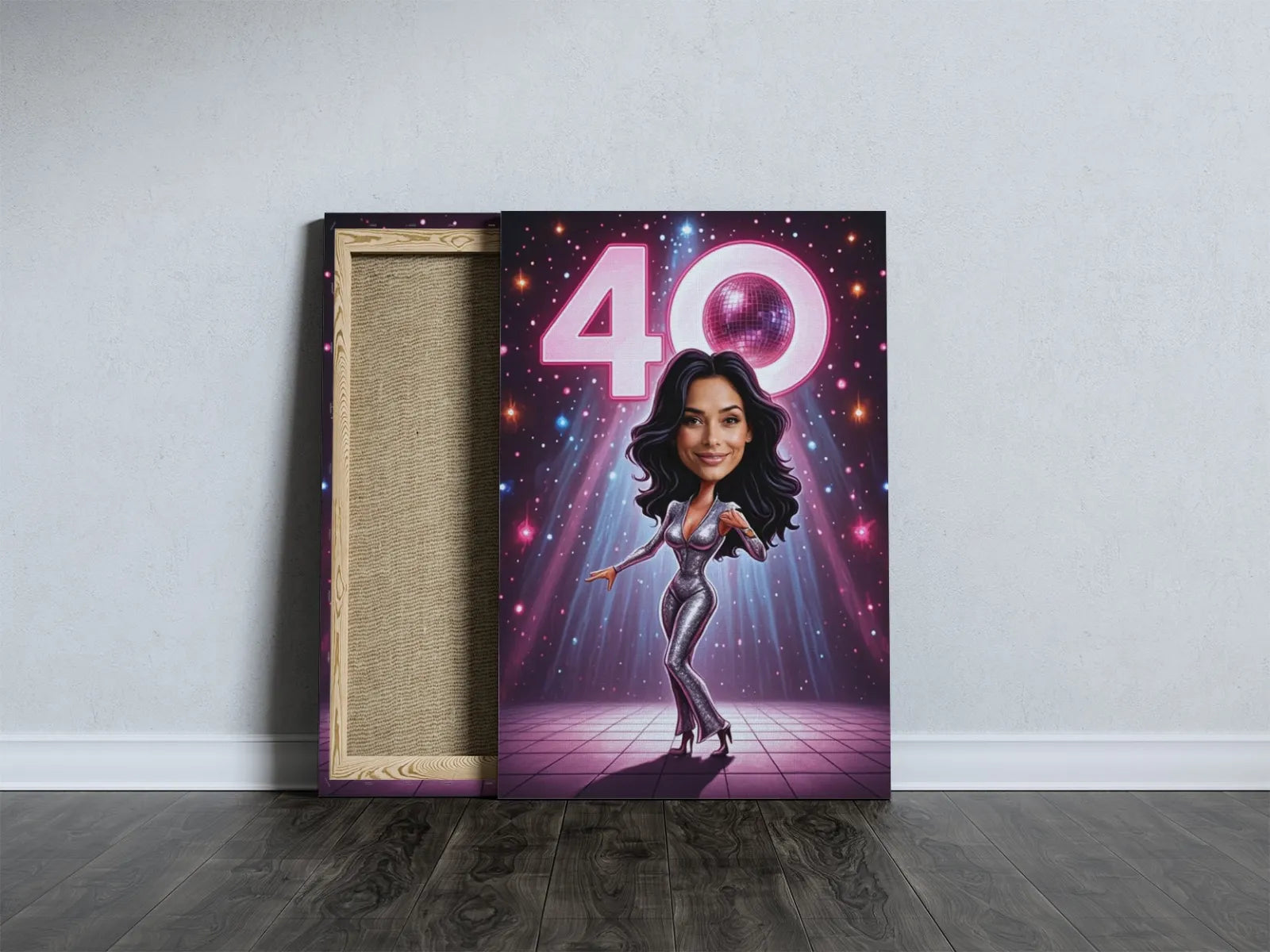 Disco-themed fortieth birthday canvas for girl celebration, Karykatura disco diva