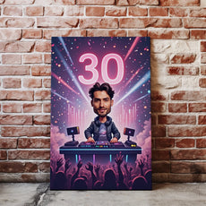 Karikatura DJ na 30 urodziny z motywem urodzinowym jako prezent