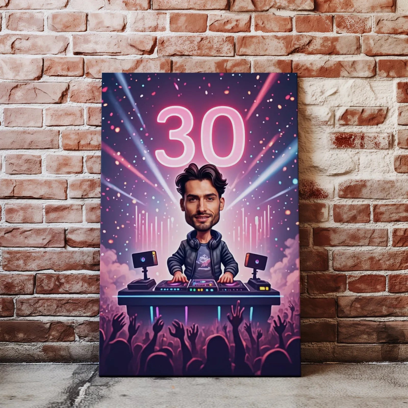 Karikatura DJ na 30 urodziny z motywem urodzinowym jako prezent
