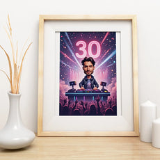 Framed caricature print for DJ’s 30th birthday present displayed