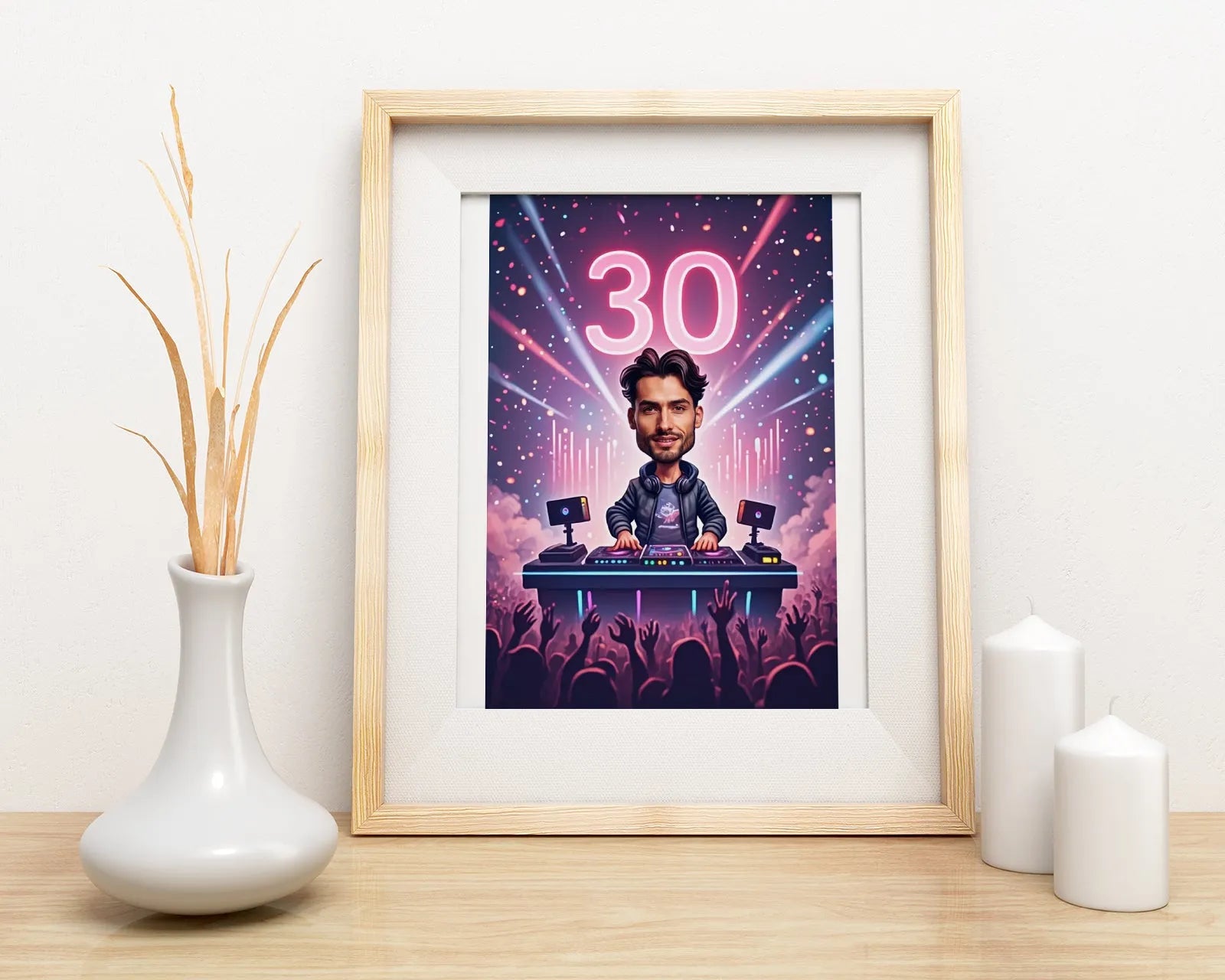 Framed caricature print for DJ’s 30th birthday present displayed