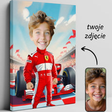 Karykatura dziecka w stylu Formuły 1 na personalizowanej kanwie dla dzieci