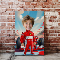 Karykatura dziecka w Ferrari z Formuły 1 - personalizowany obraz dla dziecka