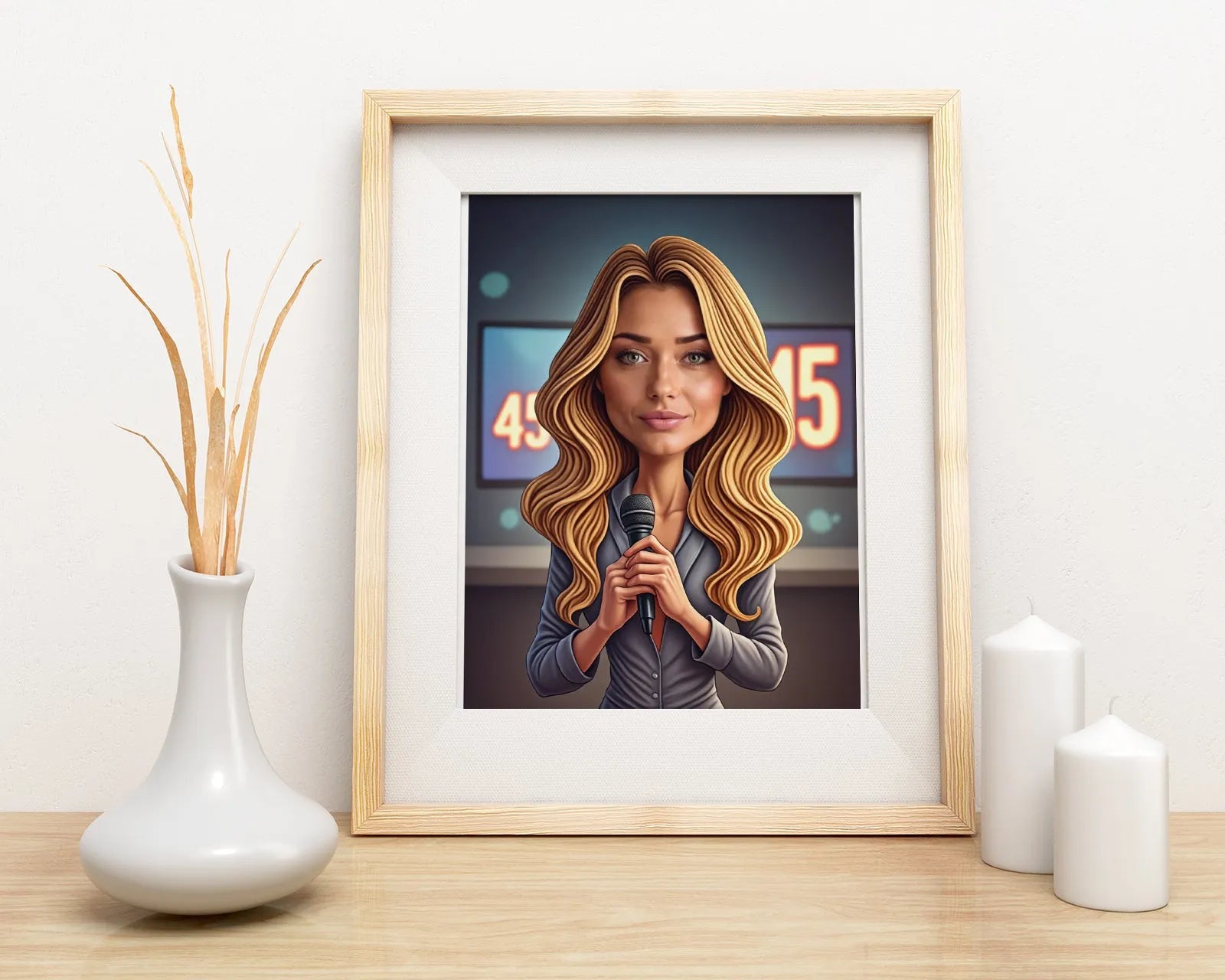 Framed caricature of blonde woman journalist holding microphone, zabawny prezent na urodziny