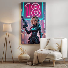 Portretowa ścienna sztuka z blondynką w futurystycznym kombinezonie cyberpunk z neonowym 18 i miastem w tle
