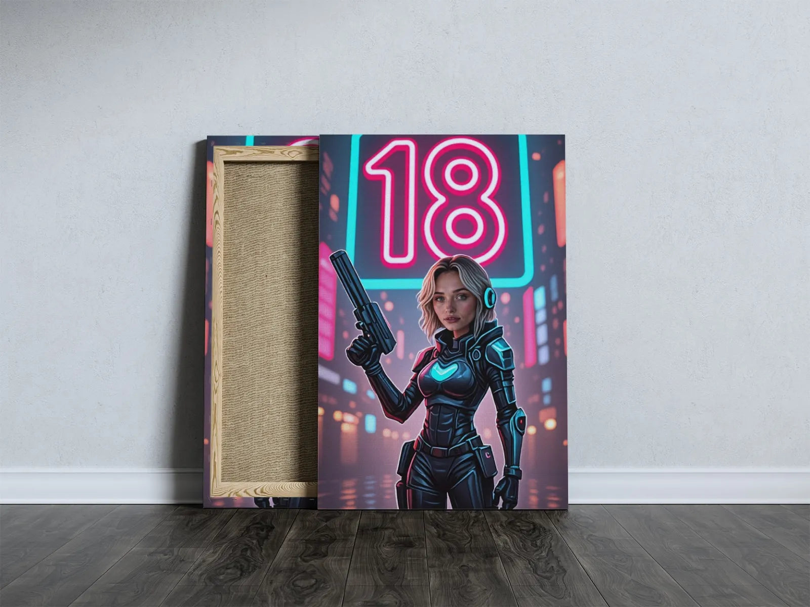 Canvas print z blondynką w futurystycznym kombinezonie cyberpunk z neonowym 18