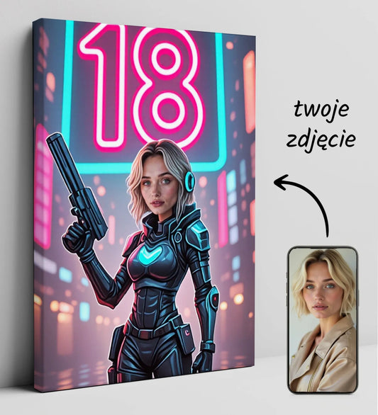 Personalizowany obraz na płótnie z kobietą w futurystycznym kombinezonie cyberpunk z neonowym znakiem 18