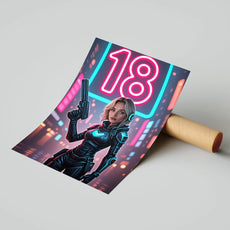 Plakat z futurystyczną kobietą w kombinezonie cyberpunk trzymającą broń i neonowym znakiem 18