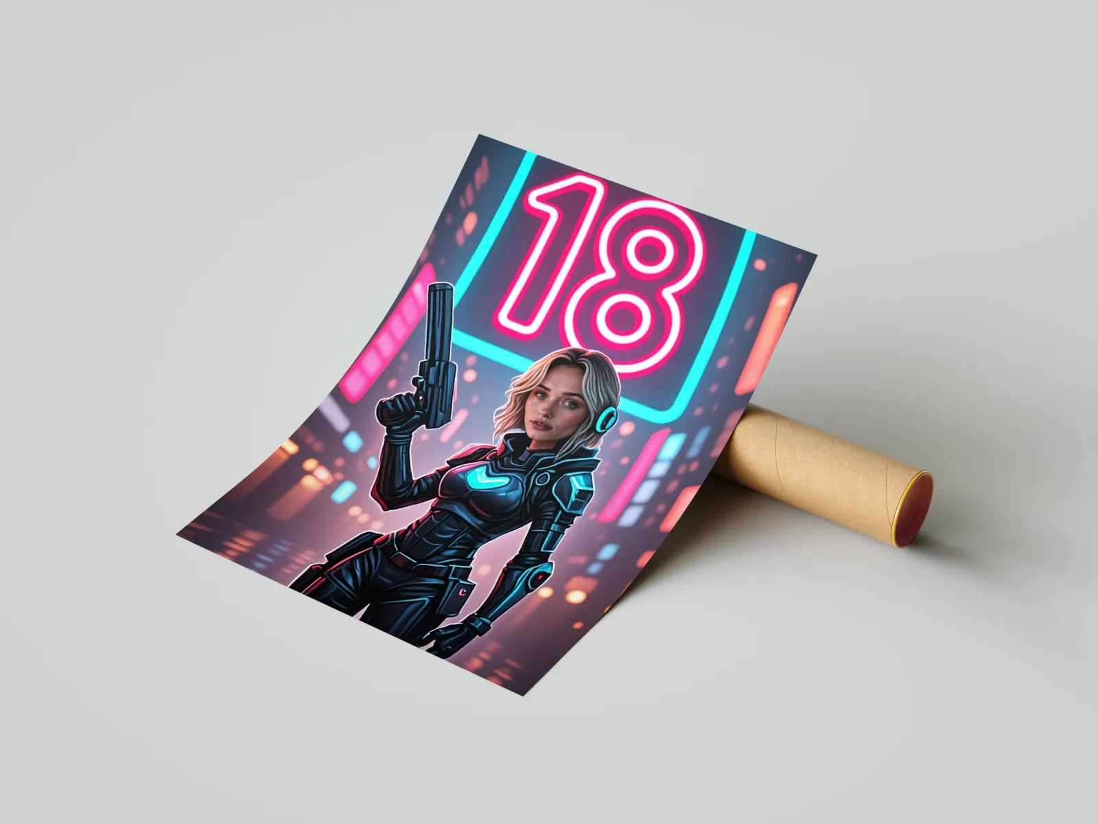 Plakat z futurystyczną kobietą w kombinezonie cyberpunk trzymającą broń i neonowym znakiem 18