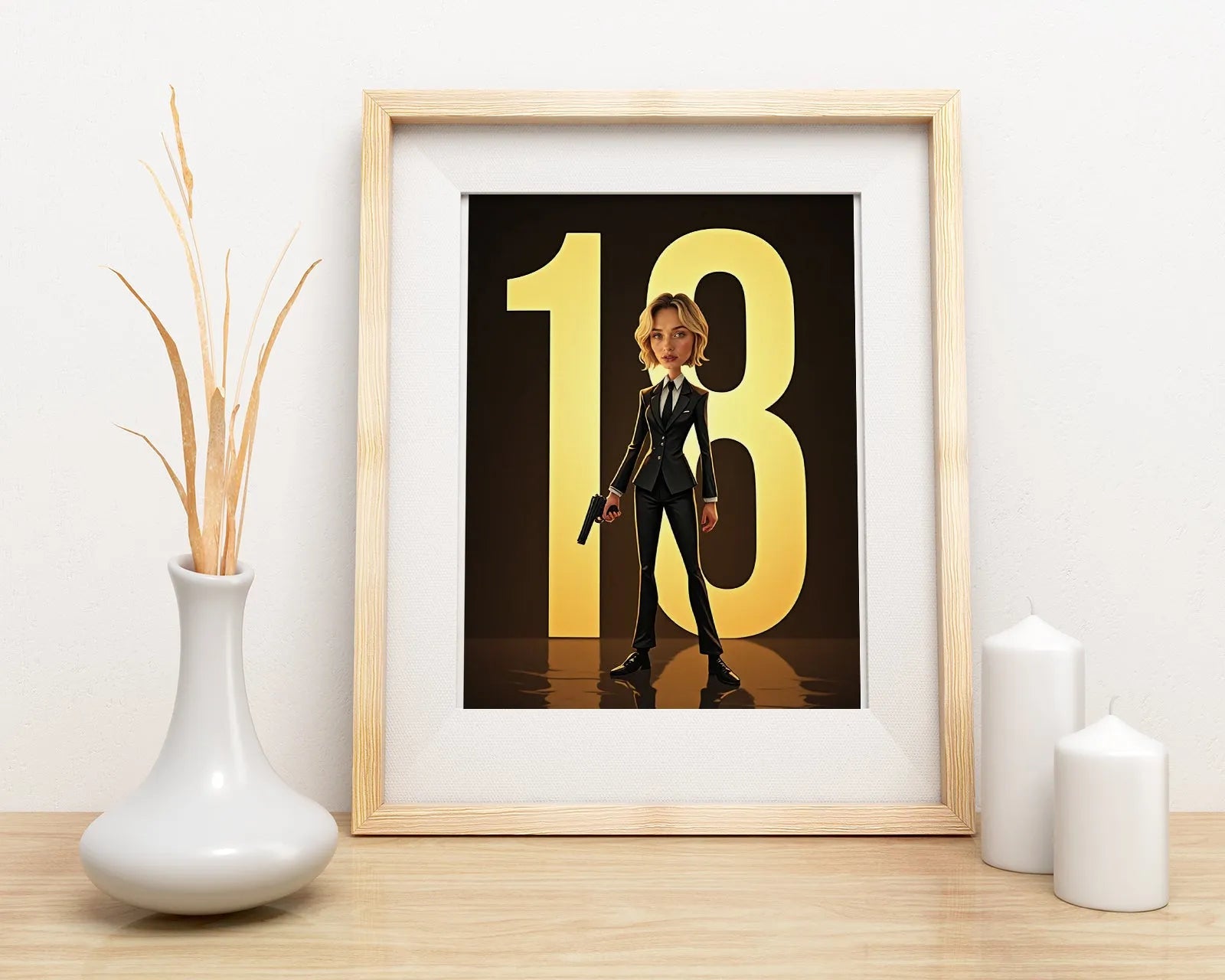 Framed print of animated woman in suit holding gun with golden 18 numbers in background