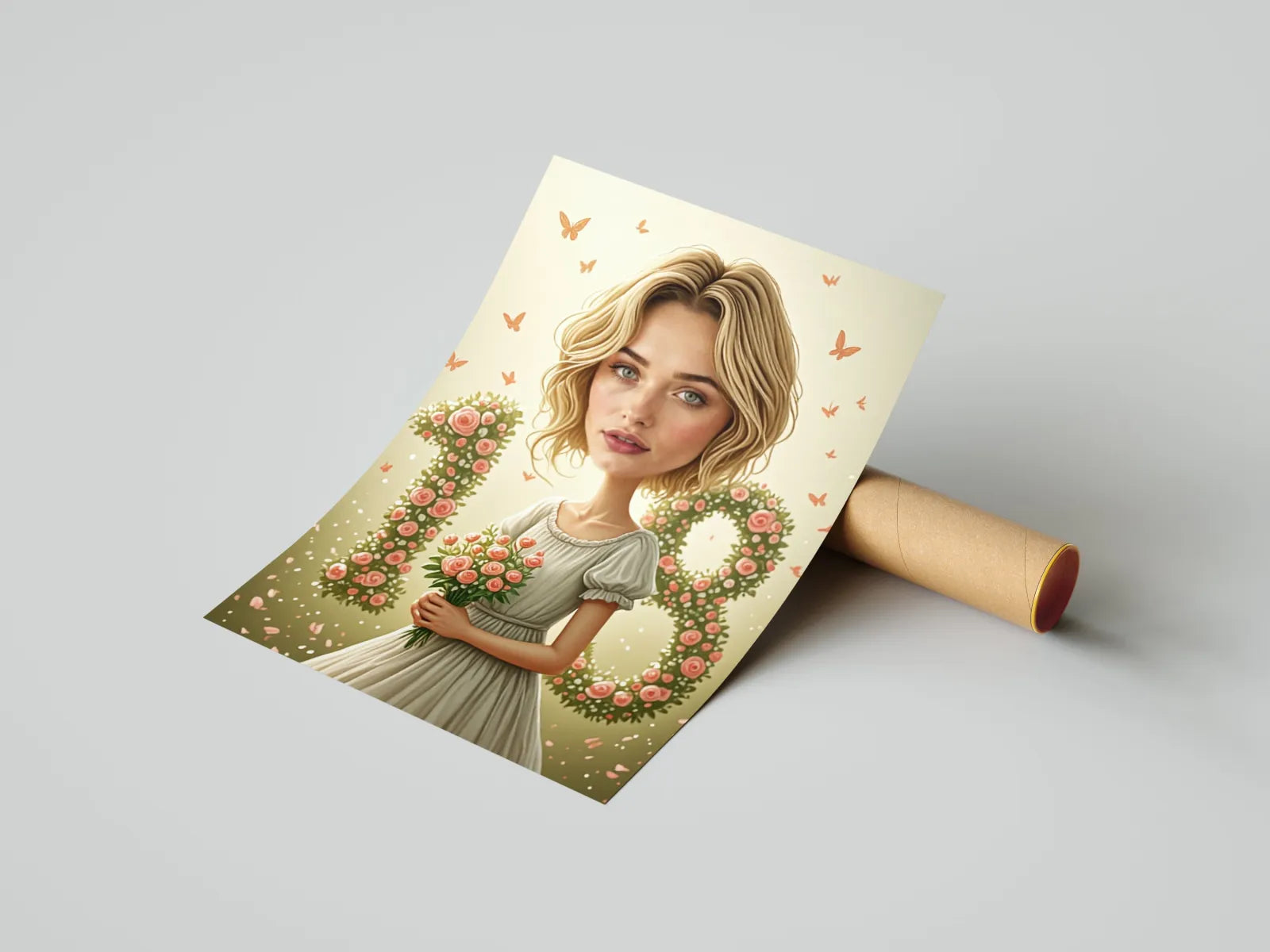 Kolorowa art print z stylizowaną kobietą, kwiatami, cyfrą 18 i motylami