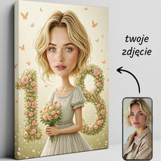 Spersonalizowany portret kreskówkowy na płótnie z twarzą kobiety i cyfrą 18 z kwiatów