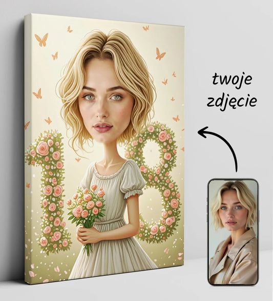 Spersonalizowany portret kreskówkowy na płótnie z twarzą kobiety i cyfrą 18 z kwiatów