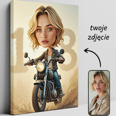 Personalizowany portret karykatura na płótnie z kobietą na motocyklu i cyfrą 18